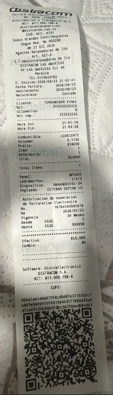 Evidencia de Gasolina para entrega de ayudas con volunetario de transporte